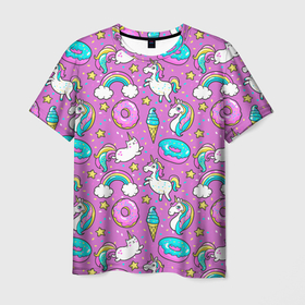 Мужская футболка 3D с принтом Pink unicorn в Кировске, 100% полиэфир | прямой крой, круглый вырез горловины, длина до линии бедер | cat | donuts | pink | unicorn | единорог | котики | пончики | розовый