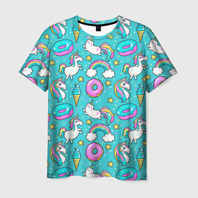 Мужская футболка 3D с принтом Turquoise unicorn в Курске, 100% полиэфир | прямой крой, круглый вырез горловины, длина до линии бедер | Тематика изображения на принте: cat | donuts | turquoise | unicorn | бирюзовый | единорог | котики | пончики
