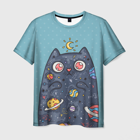 Мужская футболка 3D с принтом Cat в Кировске, 100% полиэфир | прямой крой, круглый вырез горловины, длина до линии бедер | cat | night | звёздный котик | космос | котейка | котик
