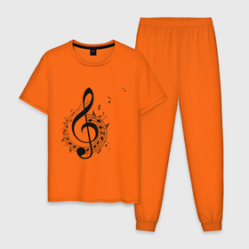 Мужская пижама хлопок с принтом Скрипичный ключ ноты по кругу  в Петрозаводске, 100% хлопок | брюки и футболка прямого кроя, без карманов, на брюках мягкая резинка на поясе и по низу штанин
 | арт | звук | клавиши | музыка | музыкант | нотный стан | ноты | по кругу | символ | скрипичный ключ | схема | фортепиано