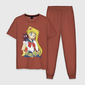Мужская пижама хлопок с принтом Sailor Moon & Luna в Санкт-Петербурге, 100% хлопок | брюки и футболка прямого кроя, без карманов, на брюках мягкая резинка на поясе и по низу штанин
 | Тематика изображения на принте: cat | girl | kitty | luna | moon | sailor moon | sailormoon | девочка | кот | котик | котэ | кошка | луна | мультяшка | сейлормун | сэйлор мун