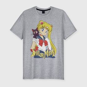 Мужская футболка хлопок Slim с принтом Sailor Moon & Luna в Тюмени, 92% хлопок, 8% лайкра | приталенный силуэт, круглый вырез ворота, длина до линии бедра, короткий рукав | cat | girl | kitty | luna | moon | sailor moon | sailormoon | девочка | кот | котик | котэ | кошка | луна | мультяшка | сейлормун | сэйлор мун