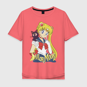 Мужская футболка хлопок Oversize с принтом Sailor Moon & Luna в Петрозаводске, 100% хлопок | свободный крой, круглый ворот, “спинка” длиннее передней части | cat | girl | kitty | luna | moon | sailor moon | sailormoon | девочка | кот | котик | котэ | кошка | луна | мультяшка | сейлормун | сэйлор мун