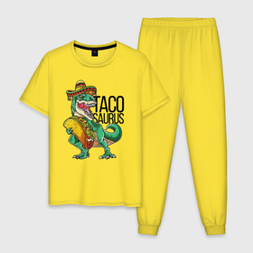 Мужская пижама хлопок с принтом Tacosaurus в Кировске, 100% хлопок | брюки и футболка прямого кроя, без карманов, на брюках мягкая резинка на поясе и по низу штанин
 | dinosaur | donut | rex | t rex | динозавр | пончик | рекс