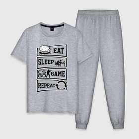 Мужская пижама хлопок с принтом Eat Sleep CS GO repeat в Екатеринбурге, 100% хлопок | брюки и футболка прямого кроя, без карманов, на брюках мягкая резинка на поясе и по низу штанин
 | counter strike global | cs go | eat | game | sleep | контра | кс | кс го