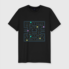 Мужская футболка премиум с принтом Pac-Man , 92% хлопок, 8% лайкра | приталенный силуэт, круглый вырез ворота, длина до линии бедра, короткий рукав | arcade | dendi | game | pac | pac man | pacman | retro | аркада | видеоигра | деньди | дэньди | игра | колобок | пакман | пакмэн | ретро