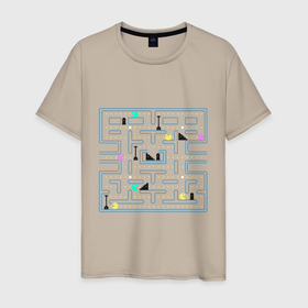 Мужская футболка хлопок с принтом Pac-Man в Тюмени, 100% хлопок | прямой крой, круглый вырез горловины, длина до линии бедер, слегка спущенное плечо. | arcade | dendi | game | pac | pac man | pacman | retro | аркада | видеоигра | деньди | дэньди | игра | колобок | пакман | пакмэн | ретро