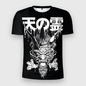 Мужская футболка 3D спортивная с принтом Devil в Белгороде, 100% полиэстер с улучшенными характеристиками | приталенный силуэт, круглая горловина, широкие плечи, сужается к линии бедра | Тематика изображения на принте: демон | дракон | дьявол | иероглиф | иероглифы | япония