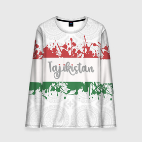 Мужской лонгслив 3D с принтом Таджикистан в Тюмени, 100% полиэстер | длинные рукава, круглый вырез горловины, полуприлегающий силуэт | asia | blots | drops | flag | paint | republic of tajikistan | splashes | state | азия | брызги | государство | капли | кляксы | краска | республика | таджикистан | флаг