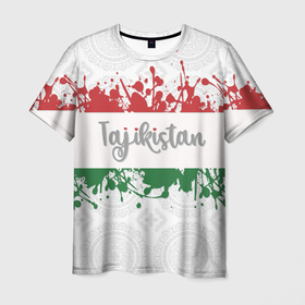 Мужская футболка 3D с принтом Таджикистан в Петрозаводске, 100% полиэфир | прямой крой, круглый вырез горловины, длина до линии бедер | asia | blots | drops | flag | paint | republic of tajikistan | splashes | state | азия | брызги | государство | капли | кляксы | краска | республика | таджикистан | флаг
