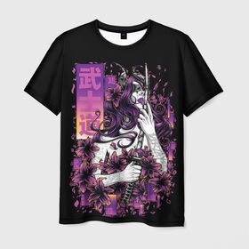 Мужская футболка 3D с принтом Катана , 100% полиэфир | прямой крой, круглый вырез горловины, длина до линии бедер | девушка | демон | иероглиф | иероглифы | меч | цветы | япония