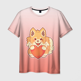 Мужская футболка 3D с принтом Собака корги сердечко милота в Курске, 100% полиэфир | прямой крой, круглый вырез горловины, длина до линии бедер | градиент | контур | корги | любителю собак | миленько | мило | милота | пес | песик | рисунок | сердечко | собака | собакен | собачатнику | собачка | собачнику