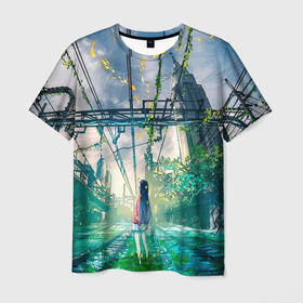 Мужская футболка 3D с принтом Девушка одна в аниме мире , 100% полиэфир | прямой крой, круглый вырез горловины, длина до линии бедер | аниме | архитектура | бабочки | город | девушка | здание | иллюстрация | мир | одиночество | растения | рисунок | рыбы | свет | улица | фон