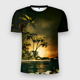Мужская футболка 3D Slim с принтом РАЙСКИЙ ОСТРОВ в Екатеринбурге, 100% полиэстер с улучшенными характеристиками | приталенный силуэт, круглая горловина, широкие плечи, сужается к линии бедра | summer | tropic | жара | летний | лето | отдых | пальмы | природа | текстура | тропикано | тропики