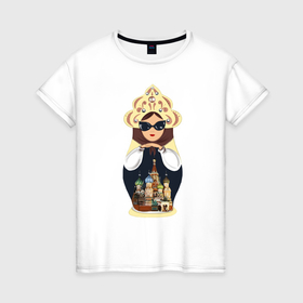 Женская футболка хлопок с принтом Матрешка в Тюмени, 100% хлопок | прямой крой, круглый вырез горловины, длина до линии бедер, слегка спущенное плечо | matrioshka | moscow | russian | матрешка | москва | россия