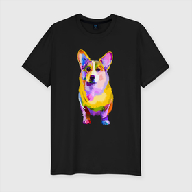 Мужская футболка хлопок Slim с принтом Радужный корги в Новосибирске, 92% хлопок, 8% лайкра | приталенный силуэт, круглый вырез ворота, длина до линии бедра, короткий рукав | корги | корги лапа | милый корги | радуга | радужная собака | радужный корги | разноцветный корги | собака | цветной корги
