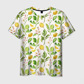 Мужская футболка 3D с принтом Летний узор лимон ветки листья в Петрозаводске, 100% полиэфир | прямой крой, круглый вырез горловины, длина до линии бедер | ботаника | ветки | кислый | летний | лимонад | лимончики | лимоны | листья | паттерн | узор | цветы | цитрусовые
