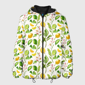 Мужская куртка 3D с принтом Летний узор лимон ветки листья в Санкт-Петербурге, ткань верха — 100% полиэстер, подклад — флис | прямой крой, подол и капюшон оформлены резинкой с фиксаторами, два кармана без застежек по бокам, один большой потайной карман на груди. Карман на груди застегивается на липучку | ботаника | ветки | кислый | летний | лимонад | лимончики | лимоны | листья | паттерн | узор | цветы | цитрусовые