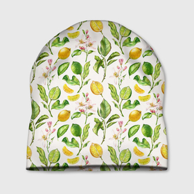 Шапка 3D с принтом Летний узор лимон ветки листья в Белгороде, 100% полиэстер | универсальный размер, печать по всей поверхности изделия | ботаника | ветки | кислый | летний | лимонад | лимончики | лимоны | листья | паттерн | узор | цветы | цитрусовые