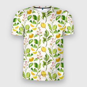 Мужская футболка 3D Slim с принтом Летний узор лимон ветки листья в Новосибирске, 100% полиэстер с улучшенными характеристиками | приталенный силуэт, круглая горловина, широкие плечи, сужается к линии бедра | ботаника | ветки | кислый | летний | лимонад | лимончики | лимоны | листья | паттерн | узор | цветы | цитрусовые