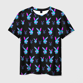 Мужская футболка 3D с принтом Playboy в Курске, 100% полиэфир | прямой крой, круглый вырез горловины, длина до линии бедер | playboy | абстракция | зая | заяц | краска | кролик | кролик плейбой | лето | море | неон | отдых | плейбой | плэйбой | пляж | текстура