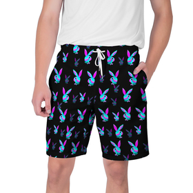Мужские шорты 3D с принтом Playboy в Курске,  полиэстер 100% | прямой крой, два кармана без застежек по бокам. Мягкая трикотажная резинка на поясе, внутри которой широкие завязки. Длина чуть выше колен | playboy | абстракция | зая | заяц | краска | кролик | кролик плейбой | лето | море | неон | отдых | плейбой | плэйбой | пляж | текстура
