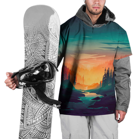 Накидка на куртку 3D с принтом Лесной закат в Петрозаводске, 100% полиэстер |  | деревья | закат | иллюстрация | лес | небо | облака | природа | путешествие | ручей | фон