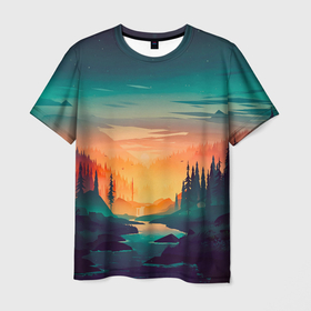 Мужская футболка 3D с принтом Лесной закат в Белгороде, 100% полиэфир | прямой крой, круглый вырез горловины, длина до линии бедер | деревья | закат | иллюстрация | лес | небо | облака | природа | путешествие | ручей | фон