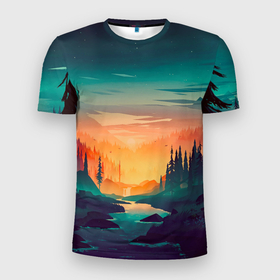Мужская футболка 3D Slim с принтом Лесной закат в Белгороде, 100% полиэстер с улучшенными характеристиками | приталенный силуэт, круглая горловина, широкие плечи, сужается к линии бедра | деревья | закат | иллюстрация | лес | небо | облака | природа | путешествие | ручей | фон