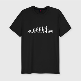 Мужская футболка хлопок Slim с принтом Эволюция. Лабрадор в Кировске, 92% хлопок, 8% лайкра | приталенный силуэт, круглый вырез ворота, длина до линии бедра, короткий рукав | Тематика изображения на принте: homo sapiens | дарвин | лабрадор | люди | неандерталец | пёс | развитие | собака | собачник | эволюция