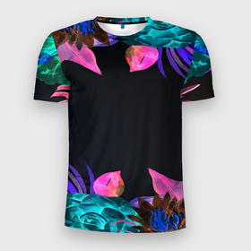 Мужская футболка 3D Slim с принтом SUMMER NEON в Кировске, 100% полиэстер с улучшенными характеристиками | приталенный силуэт, круглая горловина, широкие плечи, сужается к линии бедра | summer | tropic | жара | летний | лето | отдых | пальмы | природа | текстура | тропикано | тропики