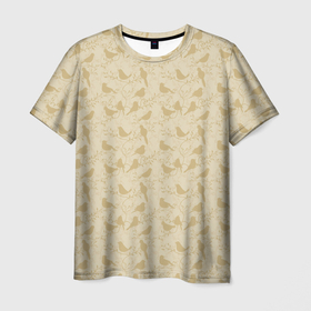 Мужская футболка 3D с принтом Бежевый принт силуэты птичек в Новосибирске, 100% полиэфир | прямой крой, круглый вырез горловины, длина до линии бедер | бежевый | нейтральный | паттерн | песочный | повседневный | принт | природа | птицы | птички | светлый | силуэты | узор