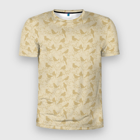 Мужская футболка 3D Slim с принтом Бежевый принт силуэты птичек в Санкт-Петербурге, 100% полиэстер с улучшенными характеристиками | приталенный силуэт, круглая горловина, широкие плечи, сужается к линии бедра | бежевый | нейтральный | паттерн | песочный | повседневный | принт | природа | птицы | птички | светлый | силуэты | узор