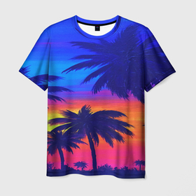 Мужская футболка 3D с принтом ТРОПИКИ НЕОН в Белгороде, 100% полиэфир | прямой крой, круглый вырез горловины, длина до линии бедер | summer | tropic | жара | летний | лето | отдых | пальмы | природа | текстура | тропикано | тропики