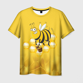 Мужская футболка 3D с принтом Лето. Пчелы. Мед в Белгороде, 100% полиэфир | прямой крой, круглый вырез горловины, длина до линии бедер | Тематика изображения на принте: лето | мед | насекомые | пчела | соты | улей