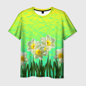 Мужская футболка 3D с принтом Солнечные Нарциссы , 100% полиэфир | прямой крой, круглый вырез горловины, длина до линии бедер | flowers | nature | summer | sun | бутоны | зелень | кислотный | краски | лазурный | лепестки | летний | лето | листья | нарцисс | нарциссы | неоновый | поле | природа | растения | ромашки | сад | солнечный | солнце