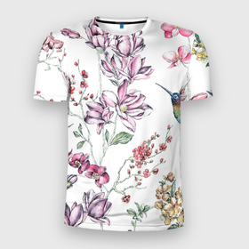 Мужская футболка 3D спортивная с принтом Колибри в Тюмени, 100% полиэстер с улучшенными характеристиками | приталенный силуэт, круглая горловина, широкие плечи, сужается к линии бедра | арт | колибри | краски | птица | птичка | рисунок | цветы