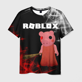 Мужская футболка 3D с принтом ROBLOX: PIGGI. в Новосибирске, 100% полиэфир | прямой крой, круглый вырез горловины, длина до линии бедер | game | gamer | logo | minecraft | piggi | roblox | simulator | игра | конструктор | лого | пигги | свинья | симулятор | строительство | фигура