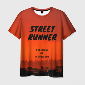 Мужская футболка 3D с принтом Street runner в Санкт-Петербурге, 100% полиэфир | прямой крой, круглый вырез горловины, длина до линии бедер | Тематика изображения на принте: run | runner | running | street | бег | город | закат | лёгкая атлетика | рассвет | улица | я бегу