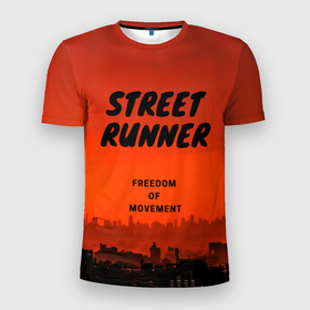 Мужская футболка 3D Slim с принтом Street runner в Санкт-Петербурге, 100% полиэстер с улучшенными характеристиками | приталенный силуэт, круглая горловина, широкие плечи, сужается к линии бедра | run | runner | running | street | бег | город | закат | лёгкая атлетика | рассвет | улица | я бегу