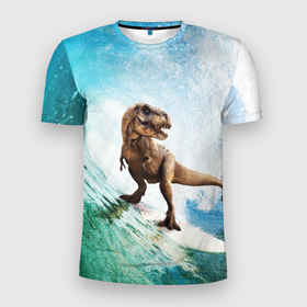 Мужская футболка 3D Slim с принтом Тираннозавр REX | Серфинг в Кировске, 100% полиэстер с улучшенными характеристиками | приталенный силуэт, круглая горловина, широкие плечи, сужается к линии бедра | dino | dinosaur | hot | ocean | rex | summer | tsunami | water | вода | волна | волны | динозавр | дождь | жара | зубы | капли | клык | клыки | лёд | лето | море | мощь | океан | песок | пляж | прикол | прикольная | рекс | серфинг
