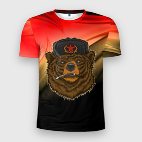 Мужская футболка 3D Slim с принтом СССР | Медведь в Петрозаводске, 100% полиэстер с улучшенными характеристиками | приталенный силуэт, круглая горловина, широкие плечи, сужается к линии бедра | bear | bears | cosmo | gagarin | stalin | ussr | гагарин | герой | коммунизм | комунизм | космос | красная | ленин | медведи | медведь | медвежонок | молот | отечественная | первый космонавт | серп | серп и молот | союз