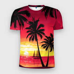 Мужская футболка 3D Slim с принтом ПАЛЬМЫ , 100% полиэстер с улучшенными характеристиками | приталенный силуэт, круглая горловина, широкие плечи, сужается к линии бедра | Тематика изображения на принте: summer | tropic | жара | летний | лето | отдых | пальмы | природа | текстура | тропикано | тропики