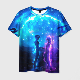 Мужская футболка 3D с принтом Внеземная пара луна ночь в Екатеринбурге, 100% полиэфир | прямой крой, круглый вырез горловины, длина до линии бедер | внеземные | встреча | для двоих | для него | для нее | луна | ночь | пара | парные | прогулка | свидание | силуэт