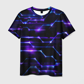 Мужская футболка 3D с принтом Технологии будущее нано броня в Санкт-Петербурге, 100% полиэфир | прямой крой, круглый вырез горловины, длина до линии бедер | блоки | броня | будущее | геометрия | детали | линии | нано | неон | программистам | свет | синий | схема | текстура | техно | технологии | ультра | фиолетовый