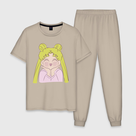 Мужская пижама хлопок с принтом Sailor Moon в Тюмени, 100% хлопок | брюки и футболка прямого кроя, без карманов, на брюках мягкая резинка на поясе и по низу штанин
 | face | girl | sailor moon | sailormoon | девочка | лицо | мультяшка | сейлормун | сэйлор мун