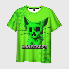Мужская футболка 3D с принтом MINECRAFT CREEPER CAT в Санкт-Петербурге, 100% полиэфир | прямой крой, круглый вырез горловины, длина до линии бедер | Тематика изображения на принте: creeper | game | minecraft | блоки | игра | квадраты | компьютерная | крипер | криппер | майнкрафт | огонь