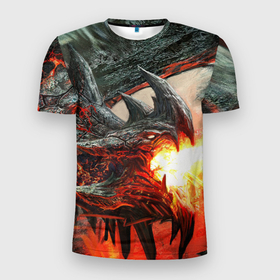 Мужская футболка 3D спортивная с принтом Дракон (Z) в Новосибирске, 100% полиэстер с улучшенными характеристиками | приталенный силуэт, круглая горловина, широкие плечи, сужается к линии бедра | dragon | fire | monster | драго | дракон | монстр | огнедыщащий | огонь | прикольная картинка | чудовище | ящерица