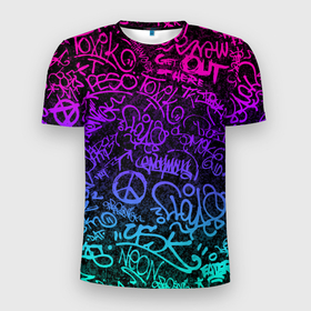 Мужская футболка 3D спортивная с принтом Граффити Neon , 100% полиэстер с улучшенными характеристиками | приталенный силуэт, круглая горловина, широкие плечи, сужается к линии бедра | blue | cyberpunk | drawing | graffiti | lettering | neon | paint | purple | text | брызги | граффити | киберпанк | краска | надписи | неон | рисунок | синий | текст | фиолетовый