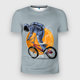 Мужская футболка 3D спортивная с принтом Космический велосипедист (Z) в Тюмени, 100% полиэстер с улучшенными характеристиками | приталенный силуэт, круглая горловина, широкие плечи, сужается к линии бедра | bicycle | bicyclist | bike | biker | bmx | cycle | galaxy | moon | rider | space | stars | байкер | бмх | вело | велогонщик | велосепедист | велосипед | велоспорт | гонщик | космос | луна